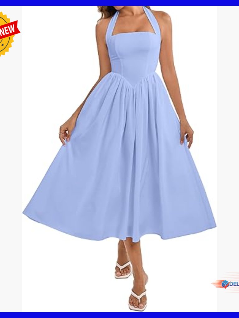 Floral Halter Corset Midi Dress With Pockets Smocked Back Wedding Guest